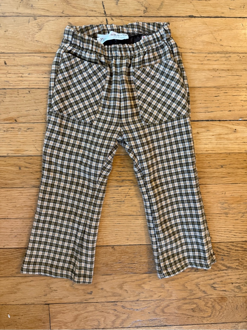 Zara Kids Olive and Cream Check Pull-On Pants